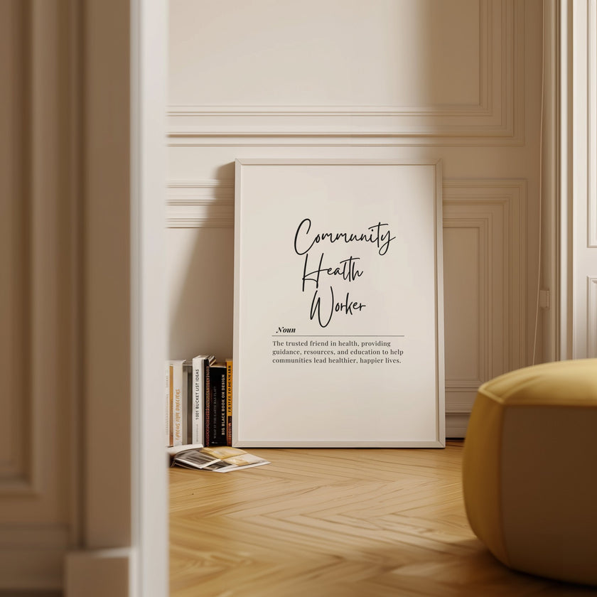 Elegant black script typography displaying 'Community Health Worker' definition against clean white background, paired with professional serif font text describing their role as trusted health guides and educators.