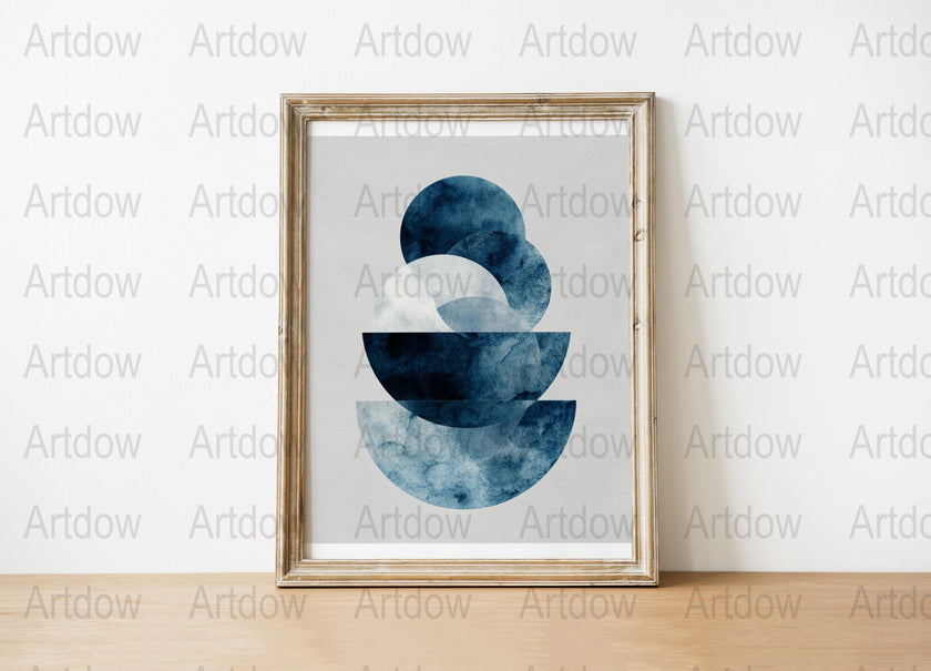 Abstract geometric indigo and white watercolor circles creating a harmonious, peaceful composition with layered textures against a soft off-white background, perfect for minimalist modern spaces.