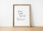 Minimalist black typography on white background defining Public Health Specialist as community protectors, featuring elegant script and serif fonts in contemporary wooden frame, ideal for professional settings.