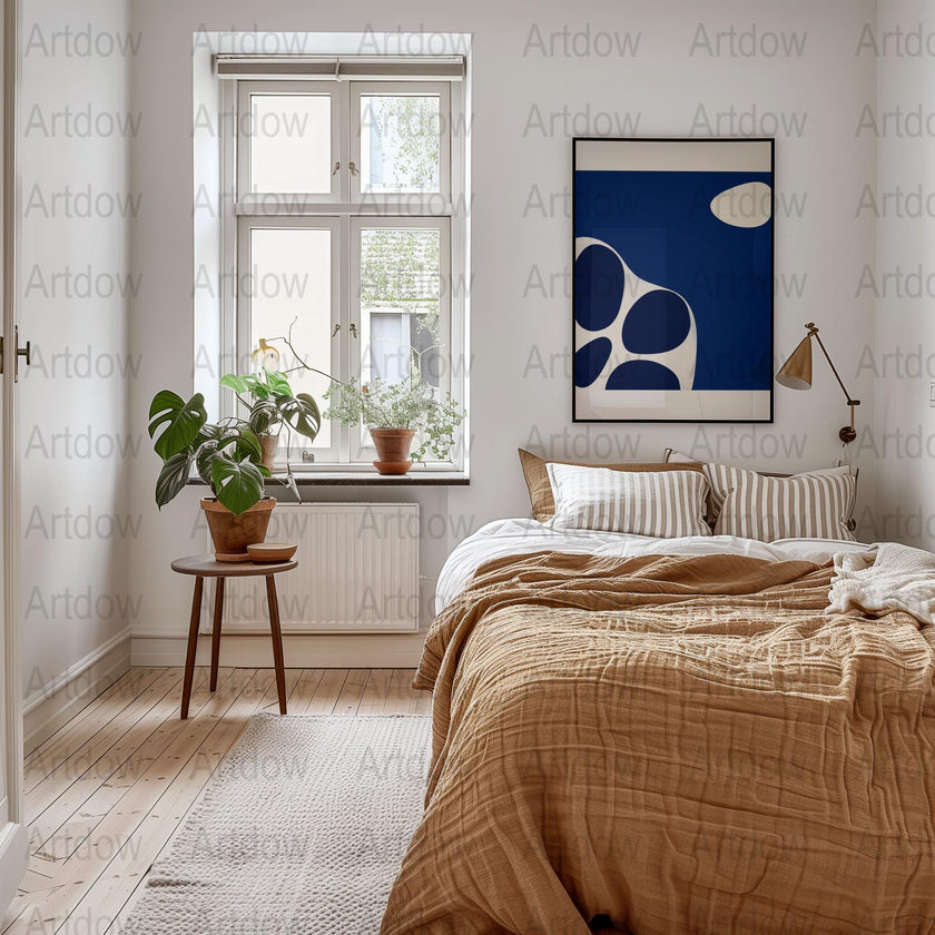 Modern abstract design featuring flowing navy blue and crisp white shapes against a blue background, creating a balanced, peaceful composition ideal for minimalist contemporary spaces.
