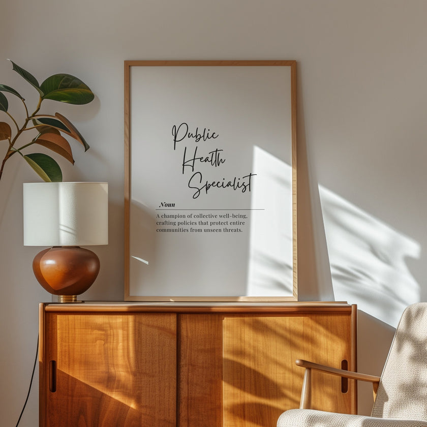 Minimalist black typography on white background defining Public Health Specialist as community protectors, featuring elegant script and serif fonts in contemporary wooden frame, ideal for professional settings.
