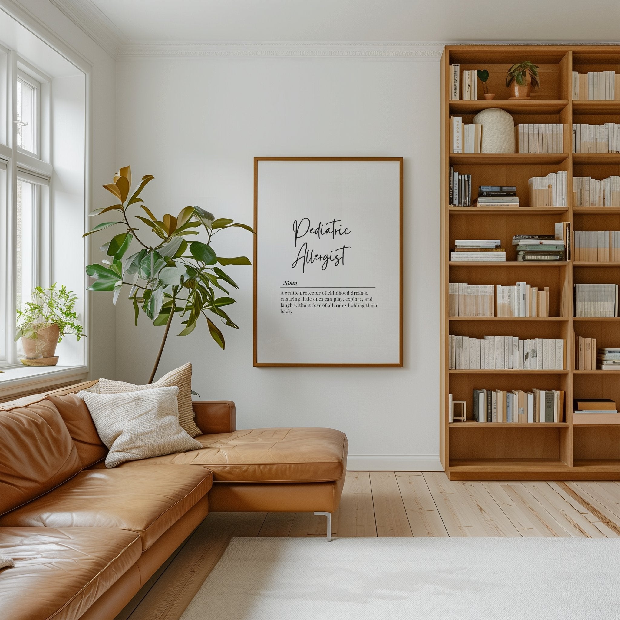 Modern typography print featuring 'Pediatric Allergist' in elegant black script on white background with a professional definition, framed in natural wood for clinical spaces.