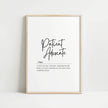Black and white minimalist typography print featuring 'Patient Advocate' definition in elegant script against white background, conveying professional compassion and support for healthcare settings.