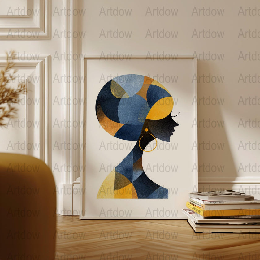 Modern Abstract Art Print, Geometric Woman Silhouette, Blue and Gold Wall Decor, Contemporary Home Office Artwork, Stylish Living Room