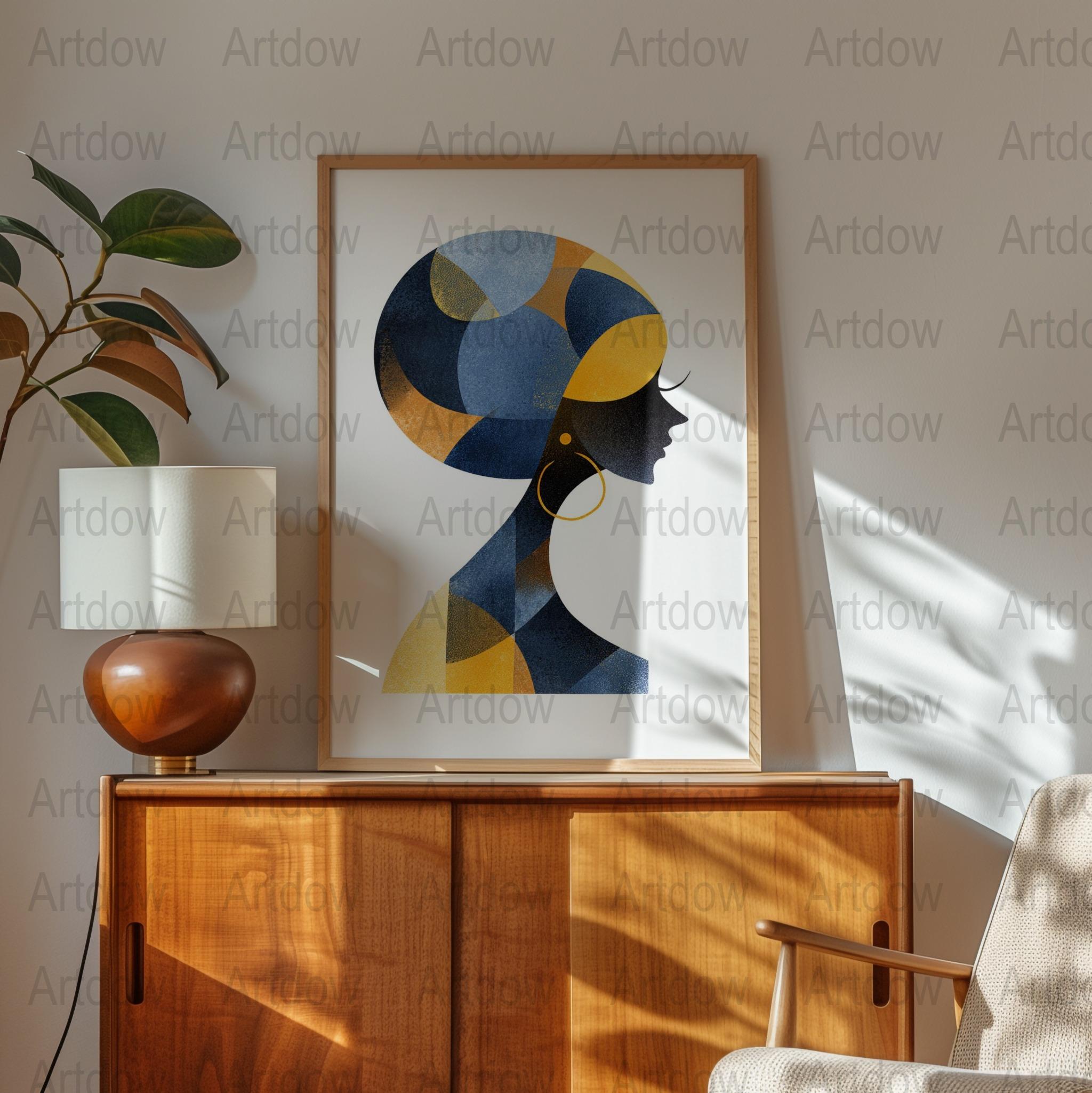 Modern Abstract Art Print, Blue and Gold Geometric Wall Decor, Minimalist Home Office Artwork