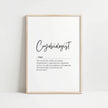 Elegant black typography on white background displaying 'Cryobiologist' definition in mixed serif and script fonts, creating a professional scientific aesthetic with clean modern design ideal for academic spaces.