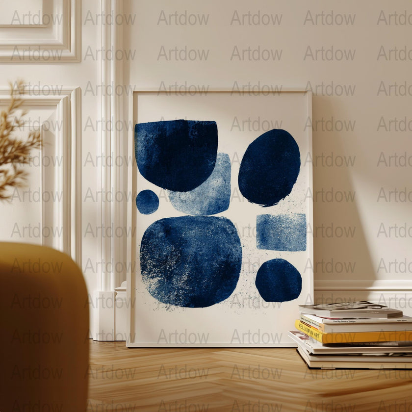 Abstract geometric navy blue and indigo shapes against white background with soft textures creating a calming modern minimalist design perfect for contemporary spaces.