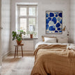 Modern abstract digital print featuring organic blue shapes with watercolor texture on white background, creating a calming, balanced composition perfect for minimalist Scandinavian interiors.