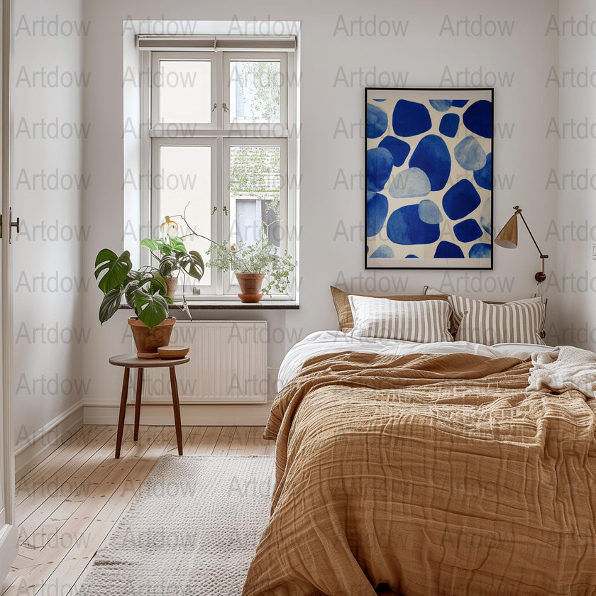 Modern abstract digital print featuring organic blue shapes with watercolor texture on white background, creating a calming, balanced composition perfect for minimalist Scandinavian interiors.