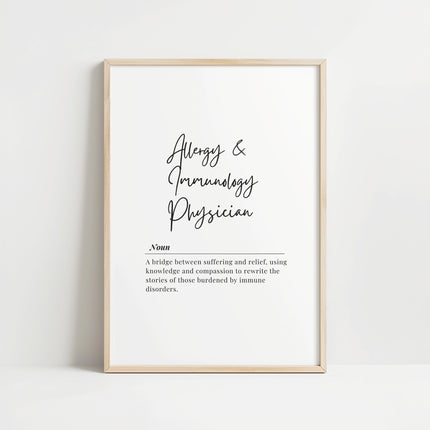 Black typography print featuring 'Allergy & Immunology Physician' in elegant script against white background, with definition text balancing professionalism and compassion in a clean Scandinavian design.