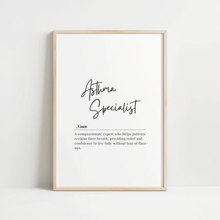 Modern typography print featuring 'Asthma Specialist' in bold black text on white background with professional definition beneath, creating a calming, sophisticated aesthetic ideal for medical environments.
