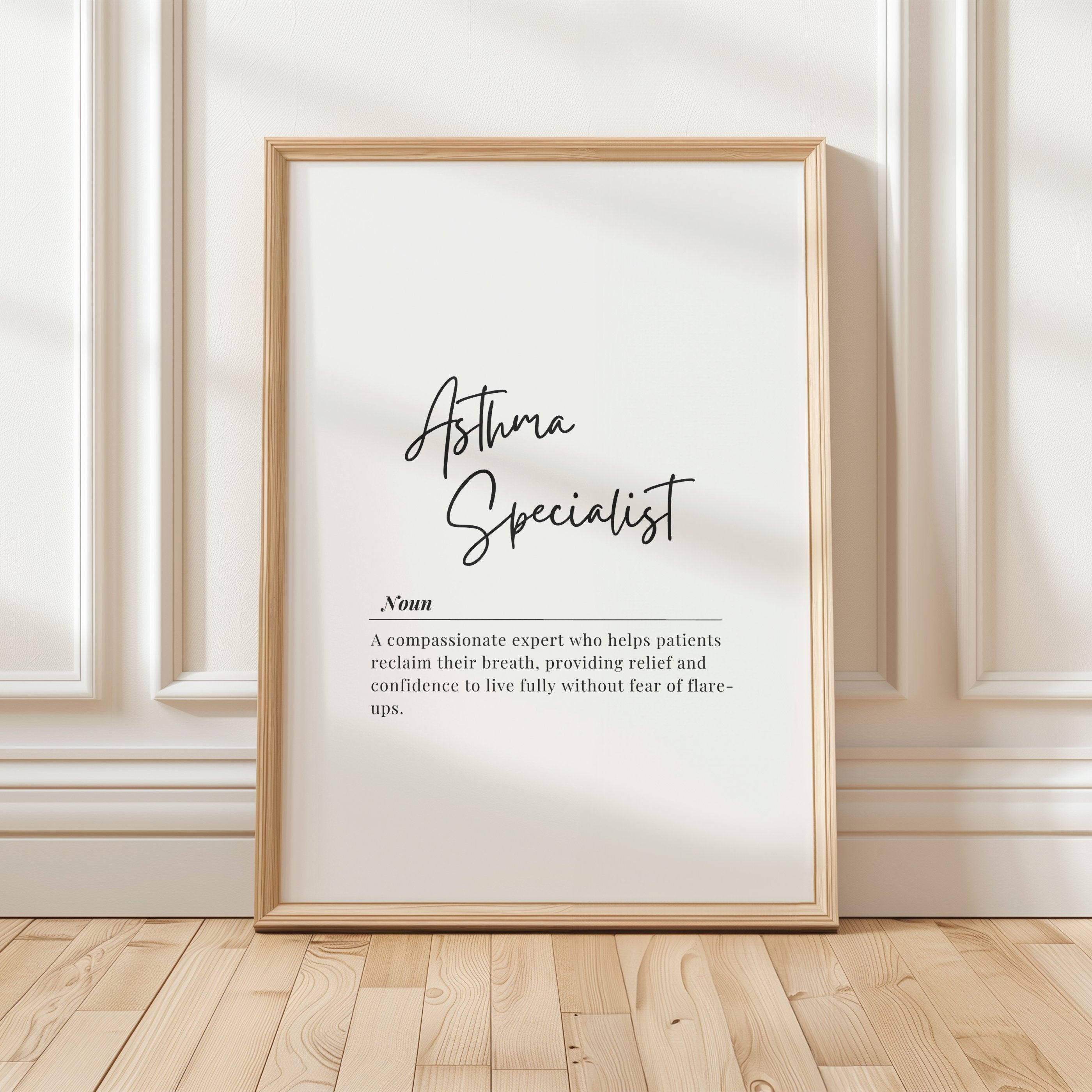 Modern typography print featuring 'Asthma Specialist' in bold black text on white background with professional definition beneath, creating a calming, sophisticated aesthetic ideal for medical environments.