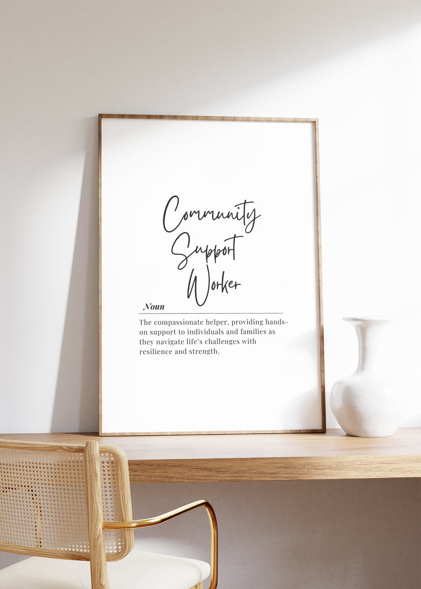 Elegant black typography on a white background featuring the words 'Community Support Worker' in calligraphic font with the professional definition below, creating a minimalist inspirational design for social work office walls.