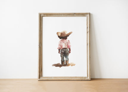 Watercolor illustration of small child in cowboy hat and boots, wearing pink shirt and blue jeans against white background, with soft nostalgic colors creating a peaceful, whimsical western nursery aesthetic.