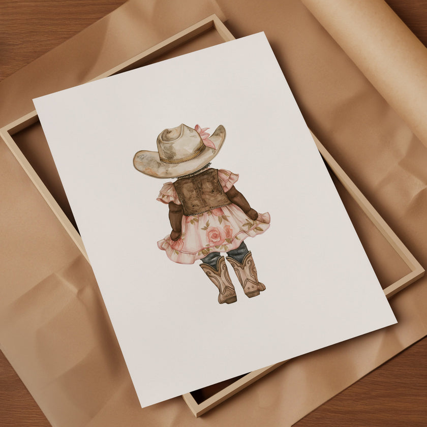 Whimsical illustration of young girl wearing cowboy hat, pink floral dress and boots against white background, creating a soft botanical aesthetic perfect for nursery or children's room decor.