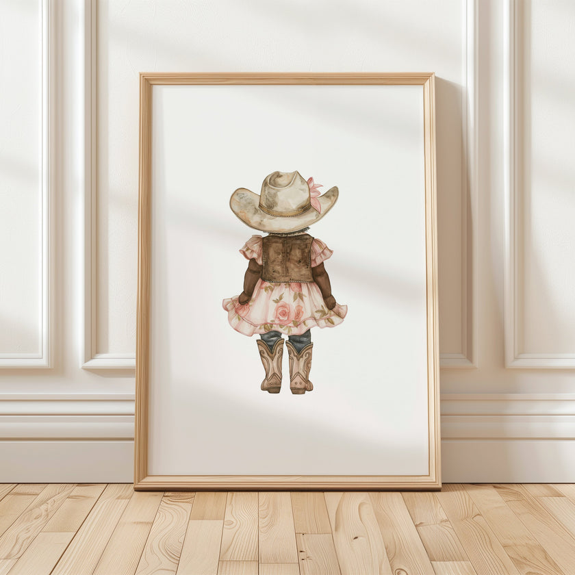 Whimsical illustration of young girl wearing cowboy hat, pink floral dress and boots against white background, creating a soft botanical aesthetic perfect for nursery or children's room decor.