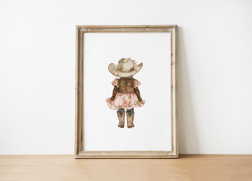 Whimsical illustration of young girl wearing cowboy hat, pink floral dress and boots against white background, creating a soft botanical aesthetic perfect for nursery or children's room decor.