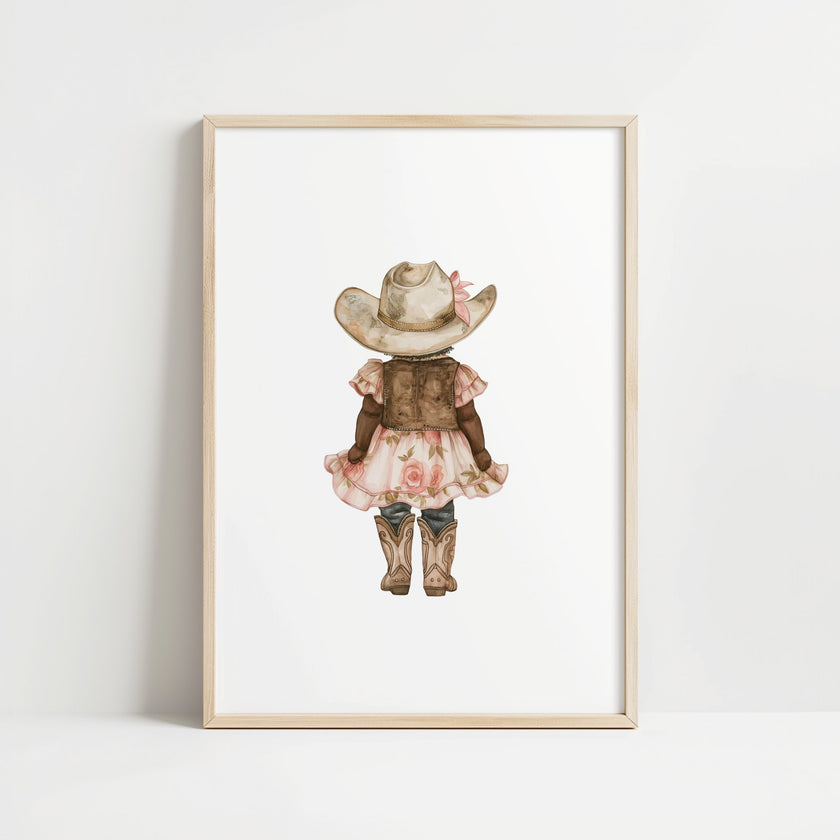 Whimsical illustration of young girl wearing cowboy hat, pink floral dress and boots against white background, creating a soft botanical aesthetic perfect for nursery or children's room decor.