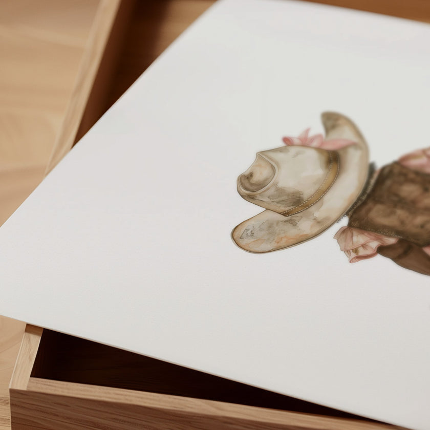 Whimsical illustration of young girl wearing cowboy hat, pink floral dress and boots against white background, creating a soft botanical aesthetic perfect for nursery or children's room decor.