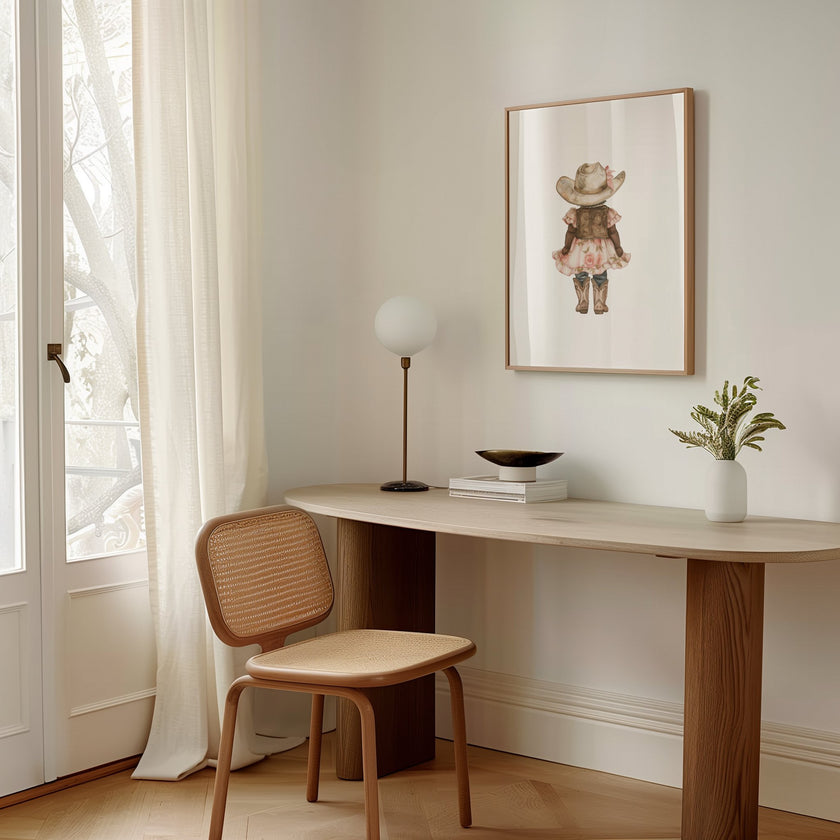 Whimsical illustration of young girl wearing cowboy hat, pink floral dress and boots against white background, creating a soft botanical aesthetic perfect for nursery or children's room decor.