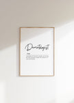 Minimalist black typography art featuring 'Dermatologist' in elegant script with a professional definition on white background, creating a sophisticated medical office decor piece with balanced white space.