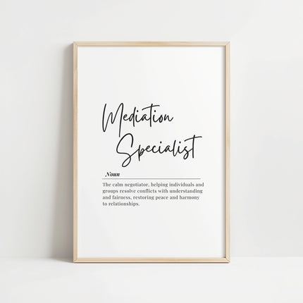 Black script 'Mediation Specialist' typography with serif definition text on white background, creating a professional and calming atmosphere for conflict resolution office spaces