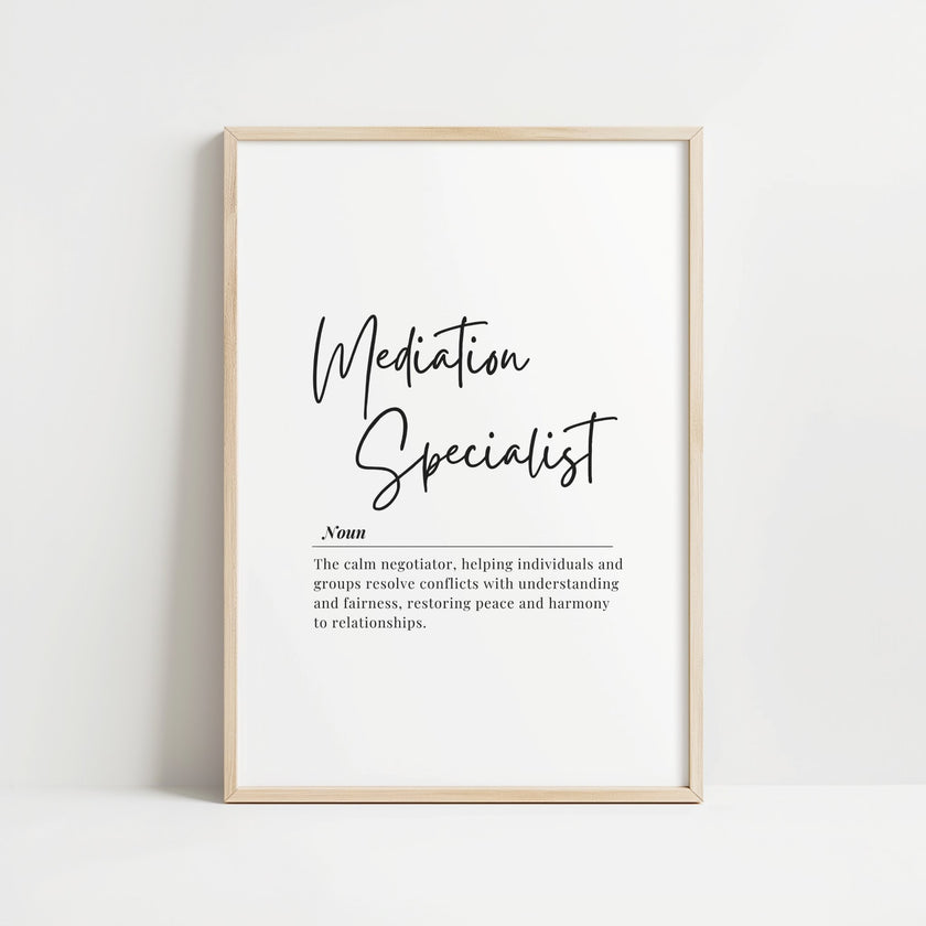 Black script 'Mediation Specialist' typography with serif definition text on white background, creating a professional and calming atmosphere for conflict resolution office spaces