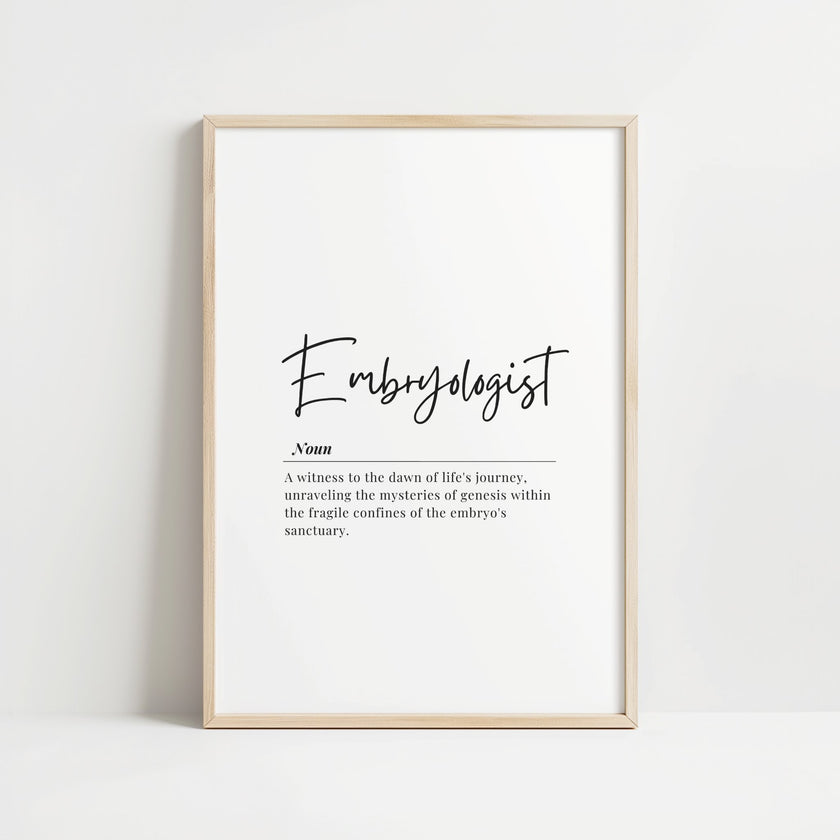 Minimalist black and white embryologist definition typography art featuring elegant script and sans-serif fonts against clean white background, conveying professional inspiration for medical environments
