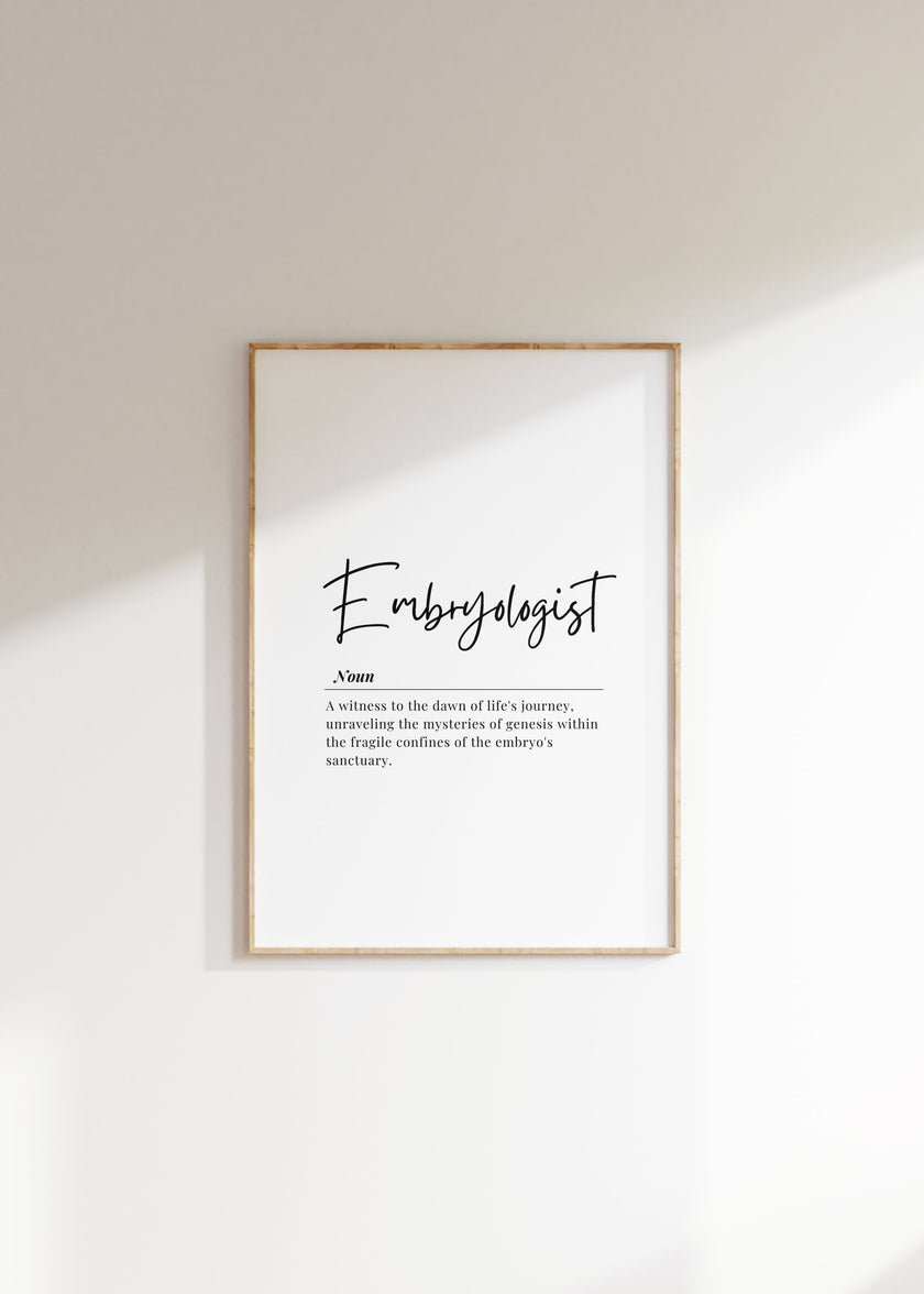 Minimalist black and white embryologist definition typography art featuring elegant script and sans-serif fonts against clean white background, conveying professional inspiration for medical environments