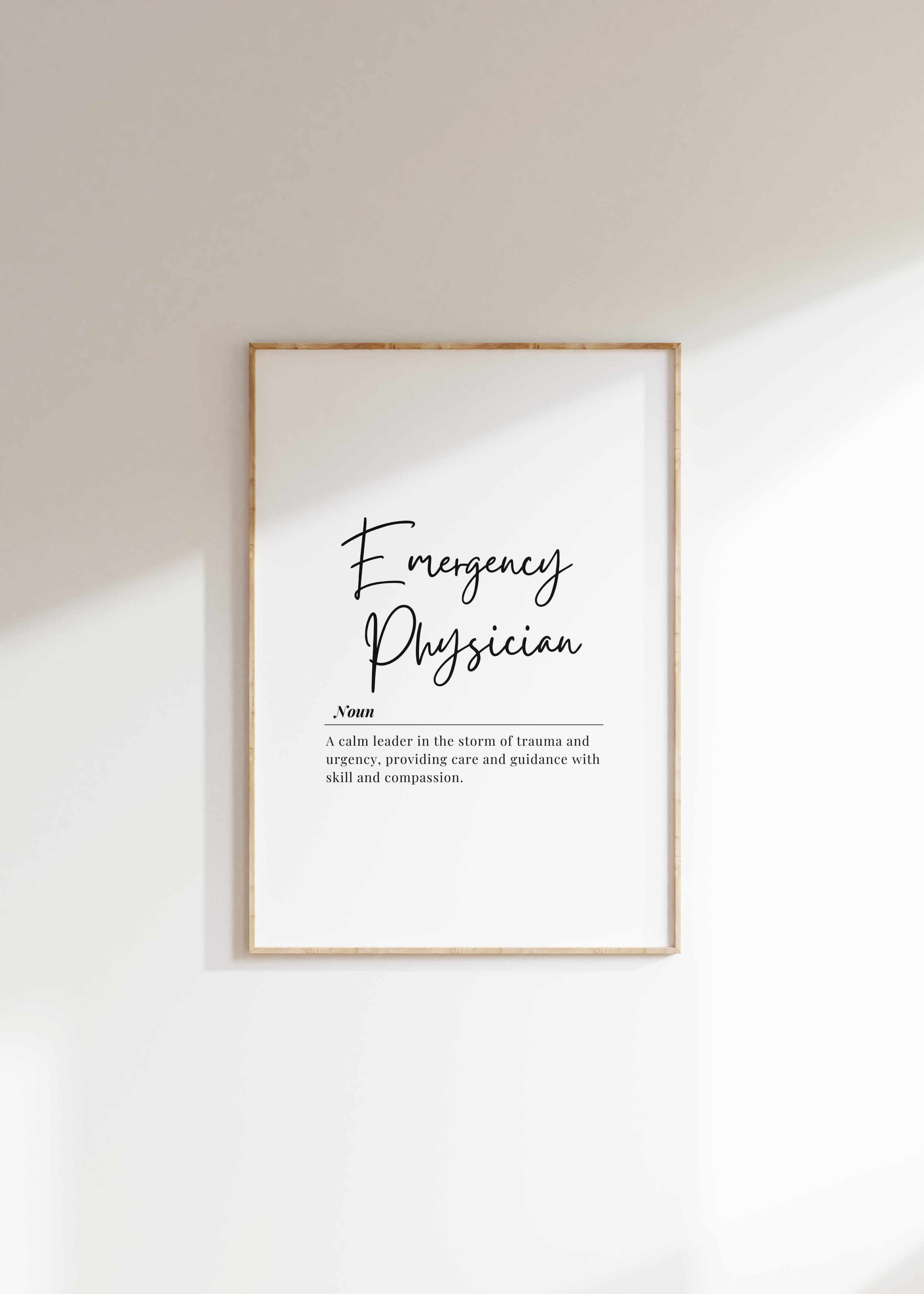 Elegant Emergency Physician definition in black script font on white background with inspirational quote about being a calm leader during trauma, presented in a minimalist style ideal for professional healthcare settings.