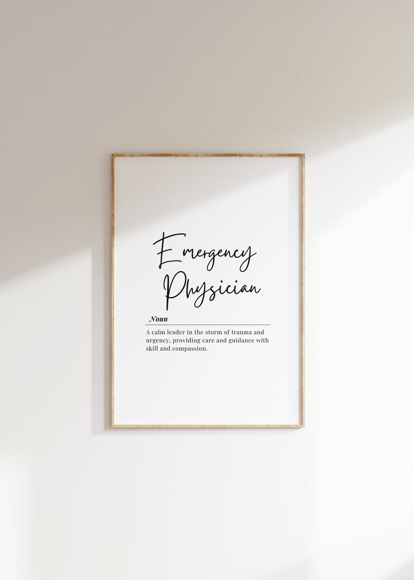 Elegant Emergency Physician definition in black script font on white background with inspirational quote about being a calm leader during trauma, presented in a minimalist style ideal for professional healthcare settings.