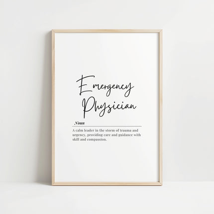 Elegant Emergency Physician definition in black script font on white background with inspirational quote about being a calm leader during trauma, presented in a minimalist style ideal for professional healthcare settings.