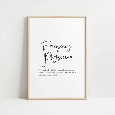 Elegant Emergency Physician definition in black script font on white background with inspirational quote about being a calm leader during trauma, presented in a minimalist style ideal for professional healthcare settings.