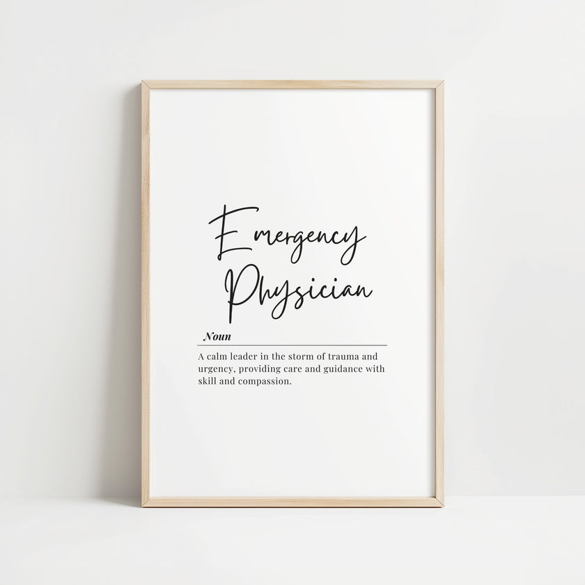 Elegant Emergency Physician definition in black script font on white background with inspirational quote about being a calm leader during trauma, presented in a minimalist style ideal for professional healthcare settings.
