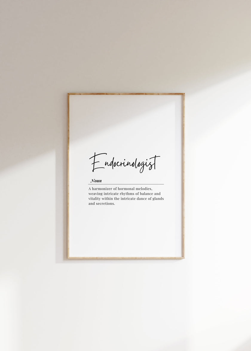 Elegant charcoal gray endocrinologist definition print featuring sophisticated serif typography on crisp white background with minimalist design, ideal for modern medical offices