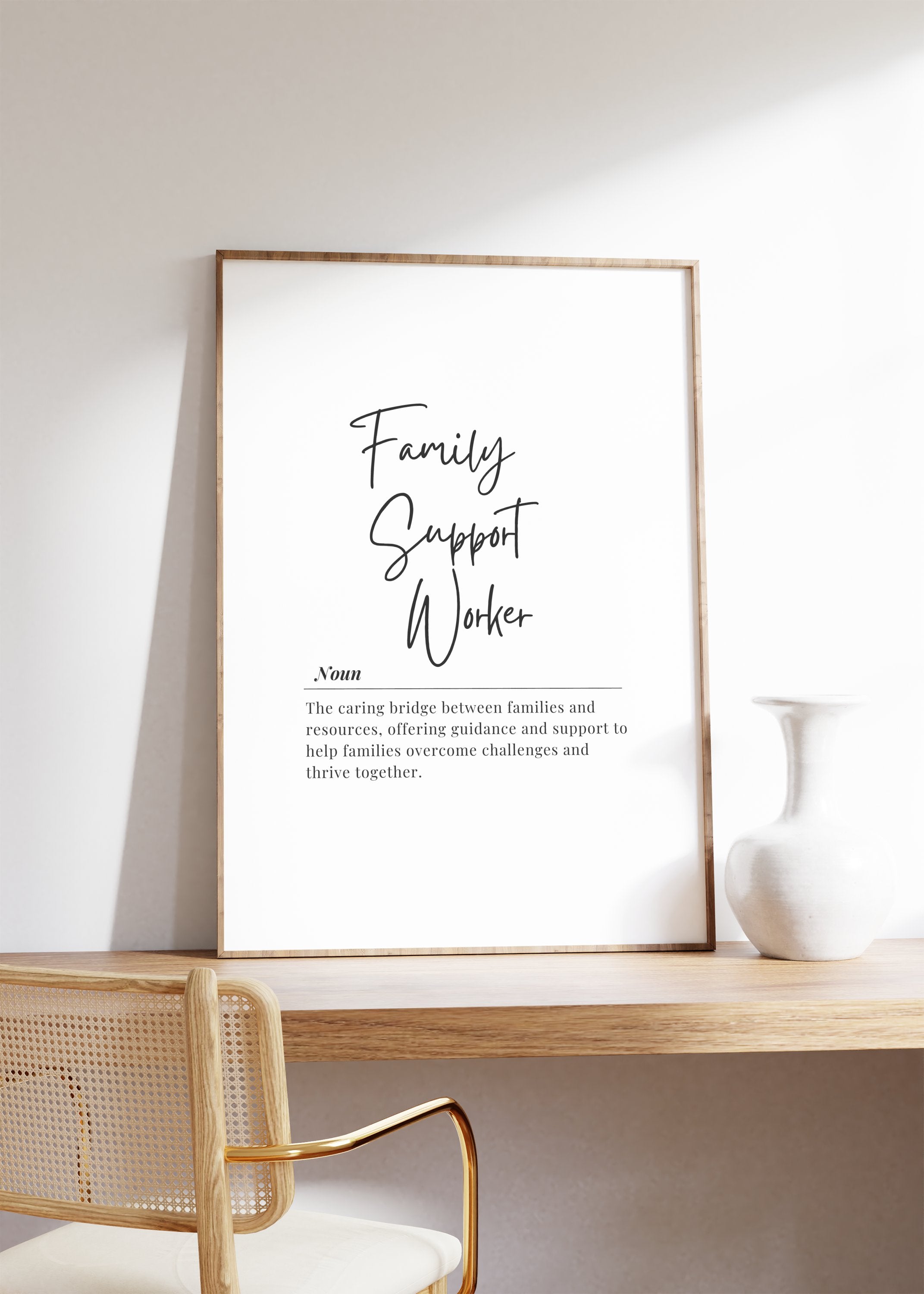 Black script typography featuring 'Family Support Worker' title on white background with serif font definition text describing their role as a caring bridge between families and resources.