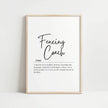 Black script typography on white background defining 'Fencing Coach' with elegant serif font description about mentoring swordplay finesse, parries, lunges, and dueling poetry.