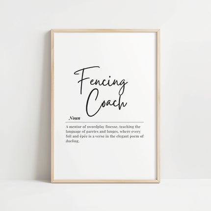 Black script typography on white background defining 'Fencing Coach' with elegant serif font description about mentoring swordplay finesse, parries, lunges, and dueling poetry.