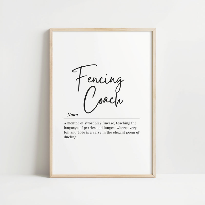 Black script typography on white background defining 'Fencing Coach' with elegant serif font description about mentoring swordplay finesse, parries, lunges, and dueling poetry.