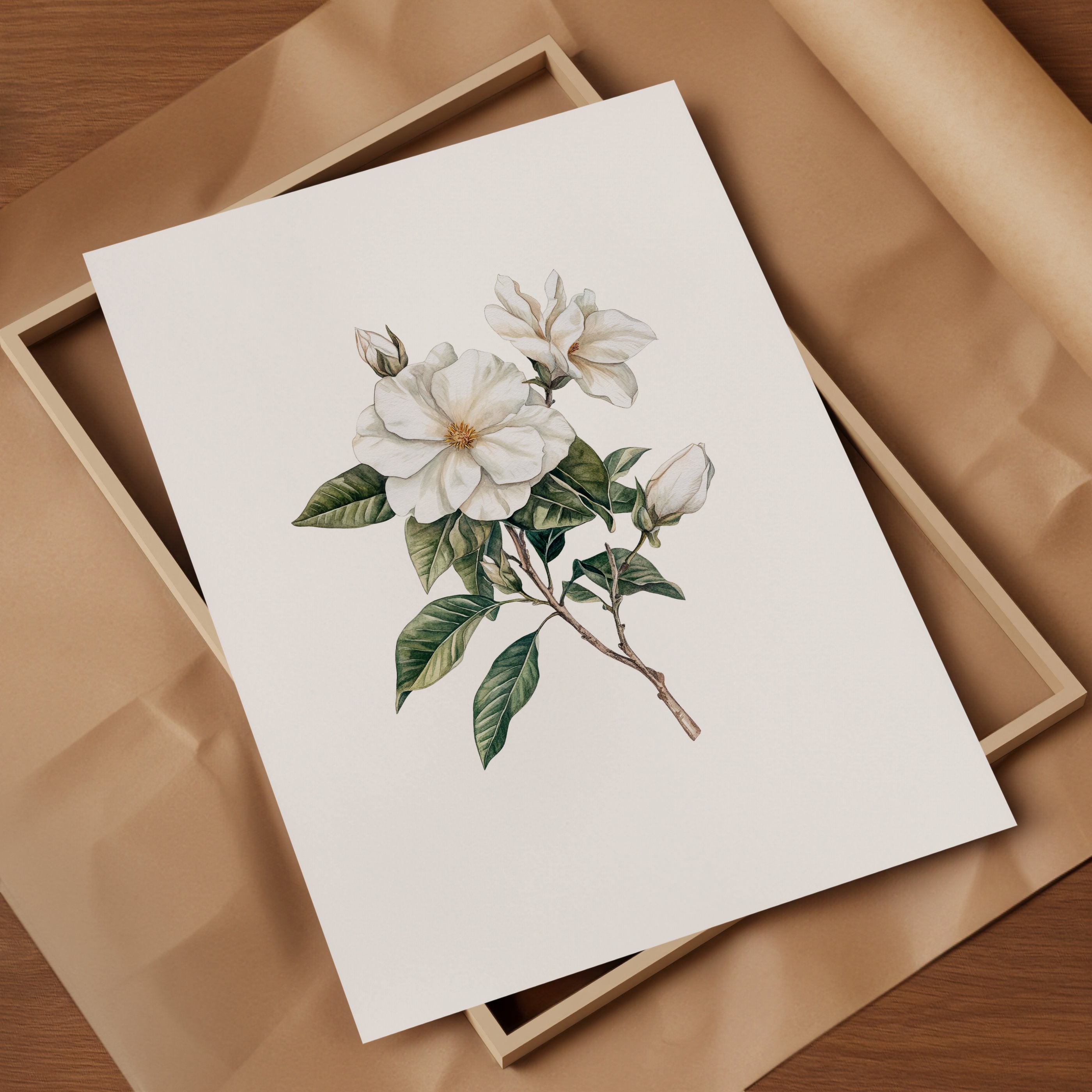 Delicate white magnolia branch with lush green leaves on crisp white background, creating a serene botanical illustration with vintage elegance perfect for traditional or rustic spaces.