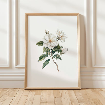 Delicate white magnolia branch with lush green leaves on crisp white background, creating a serene botanical illustration with vintage elegance perfect for traditional or rustic spaces.
