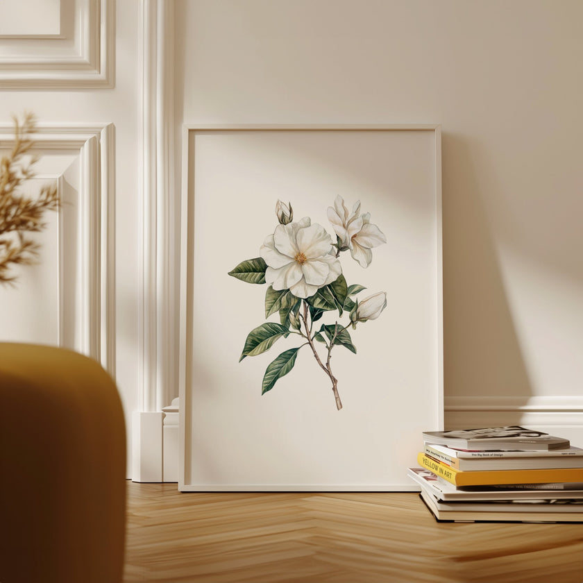 Delicate white magnolia branch with lush green leaves on crisp white background, creating a serene botanical illustration with vintage elegance perfect for traditional or rustic spaces.