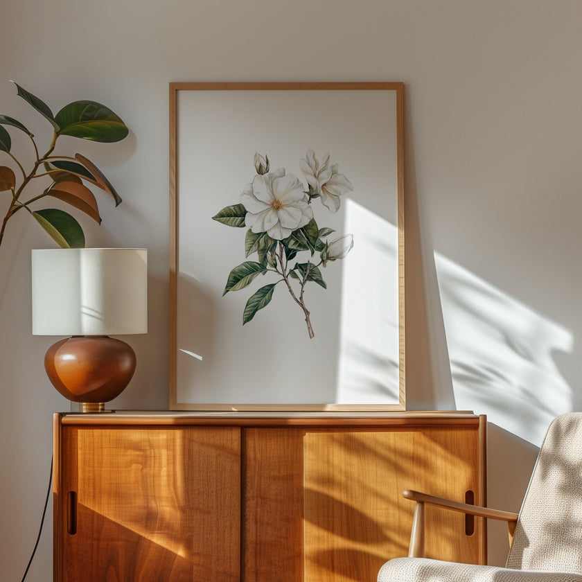 Delicate white magnolia branch with lush green leaves on crisp white background, creating a serene botanical illustration with vintage elegance perfect for traditional or rustic spaces.