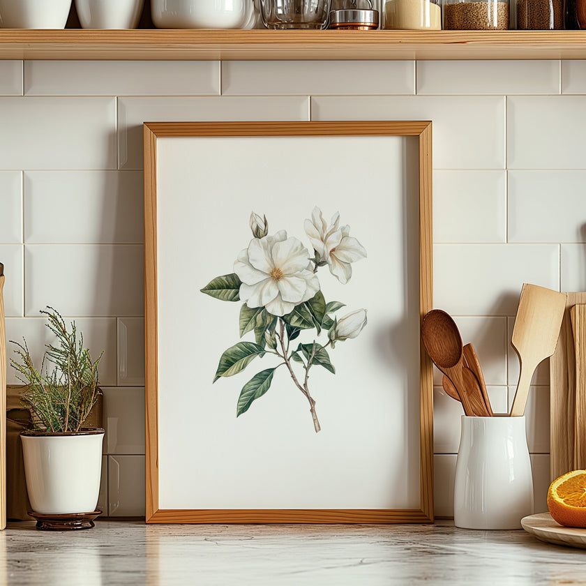 Delicate white magnolia branch with lush green leaves on crisp white background, creating a serene botanical illustration with vintage elegance perfect for traditional or rustic spaces.