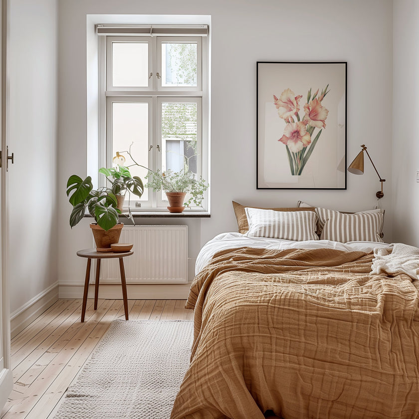 Delicate gladiolus flowers in soft peach and sage green tones against a crisp white background, framed by rustic wood elements, creating a serene minimalist botanical illustration perfect for tranquil spaces.