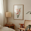 Delicate gladiolus flowers in soft peach and sage green tones against a crisp white background, framed by rustic wood elements, creating a serene minimalist botanical illustration perfect for tranquil spaces.