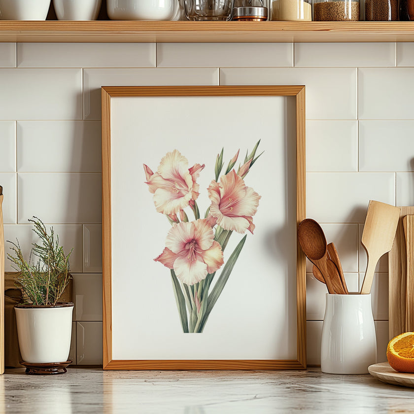 Delicate gladiolus flowers in soft peach and sage green tones against a crisp white background, framed by rustic wood elements, creating a serene minimalist botanical illustration perfect for tranquil spaces.