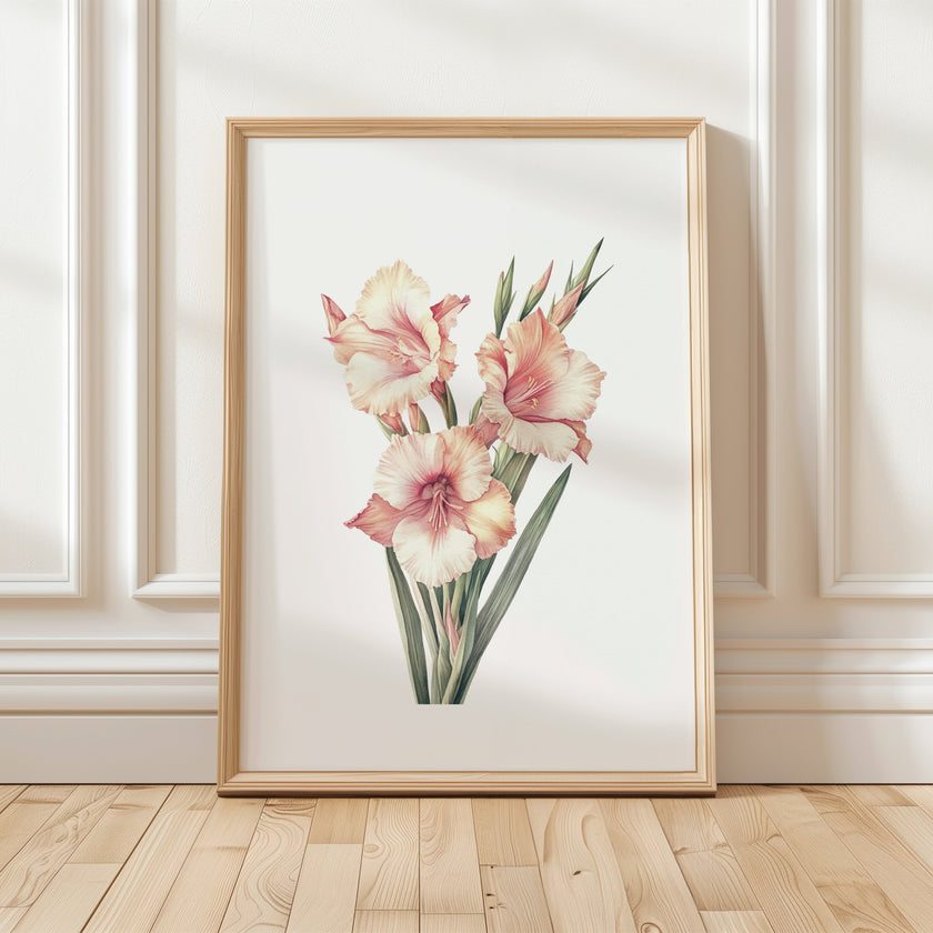Delicate gladiolus flowers in soft peach and sage green tones against a crisp white background, framed by rustic wood elements, creating a serene minimalist botanical illustration perfect for tranquil spaces.