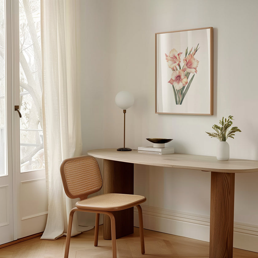 Delicate gladiolus flowers in soft peach and sage green tones against a crisp white background, framed by rustic wood elements, creating a serene minimalist botanical illustration perfect for tranquil spaces.