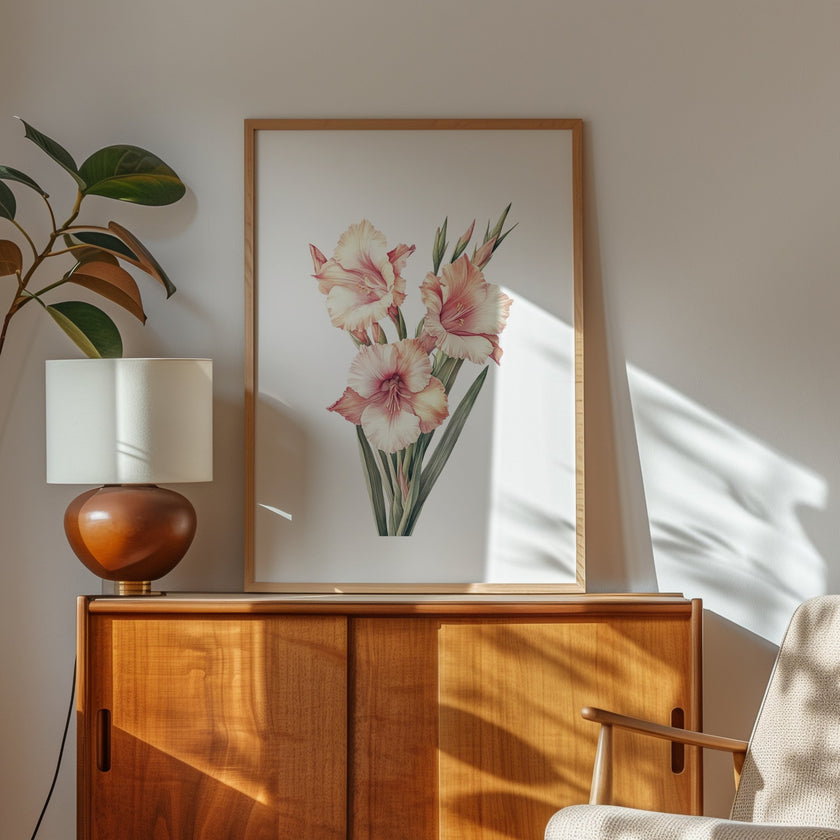 Delicate gladiolus flowers in soft peach and sage green tones against a crisp white background, framed by rustic wood elements, creating a serene minimalist botanical illustration perfect for tranquil spaces.